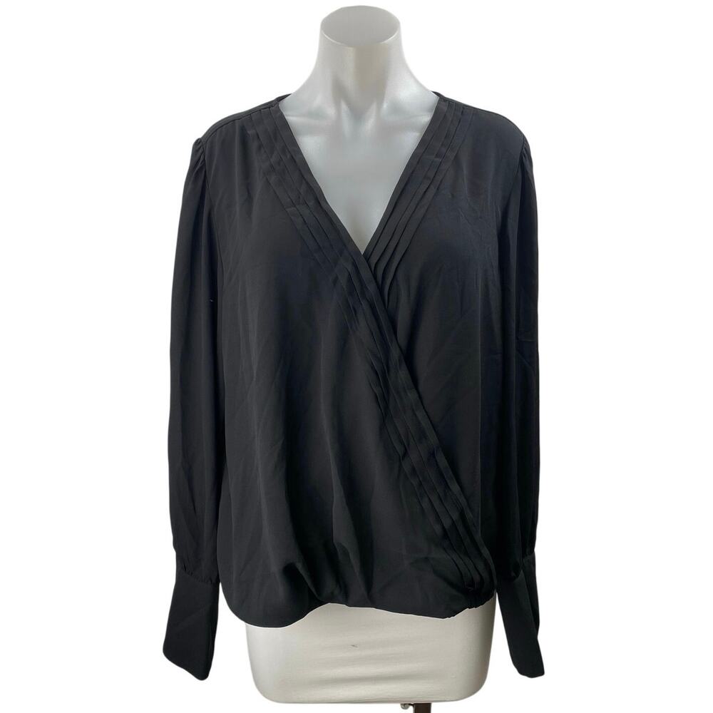 NEW Halogen Women's Black Faux Wrap V-neck Pleated Long Sleeve Blouse Top Sz XL